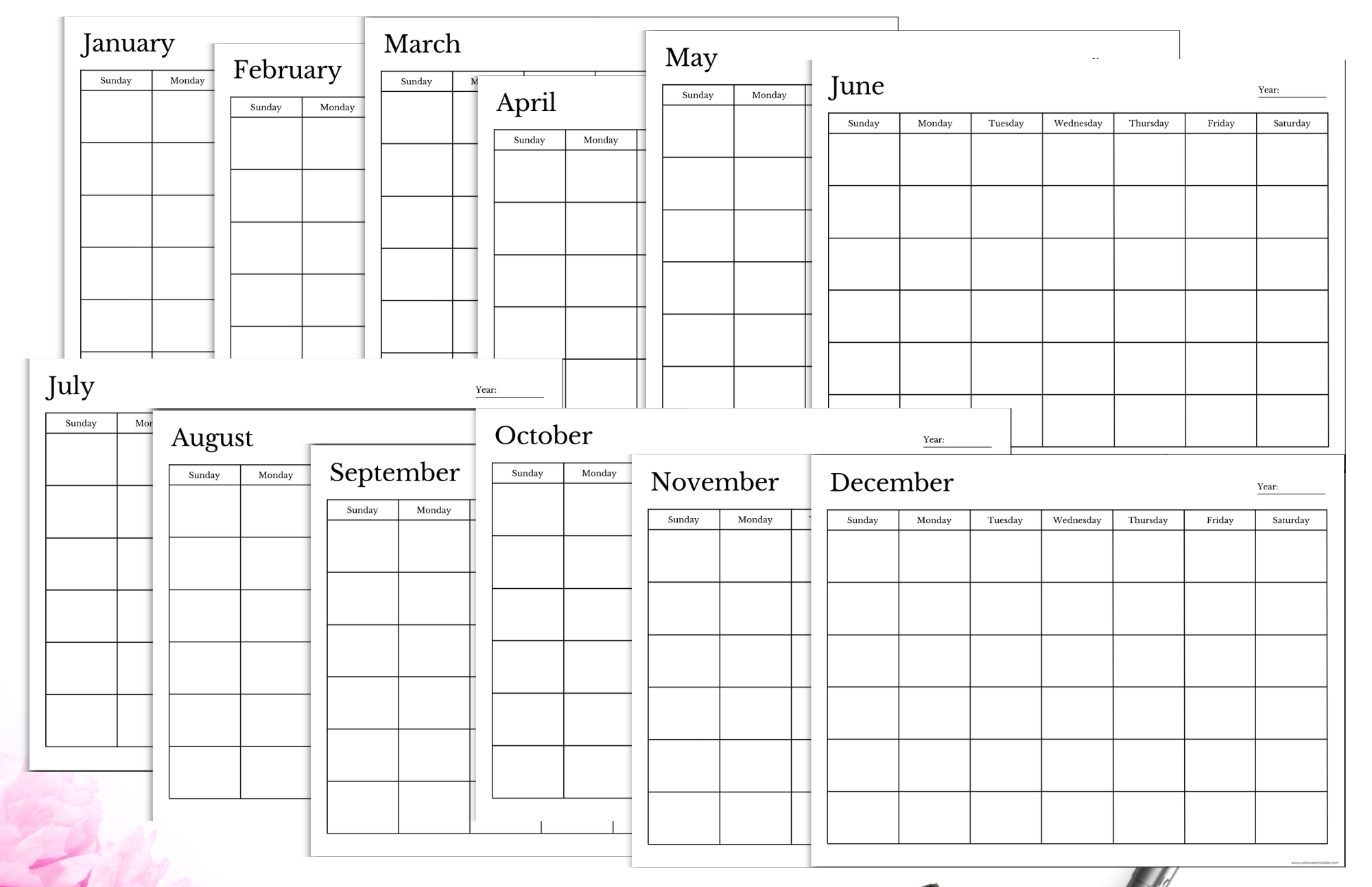 Free Undated Monthly Calendar Printable Plus Fillable PDF Just Love